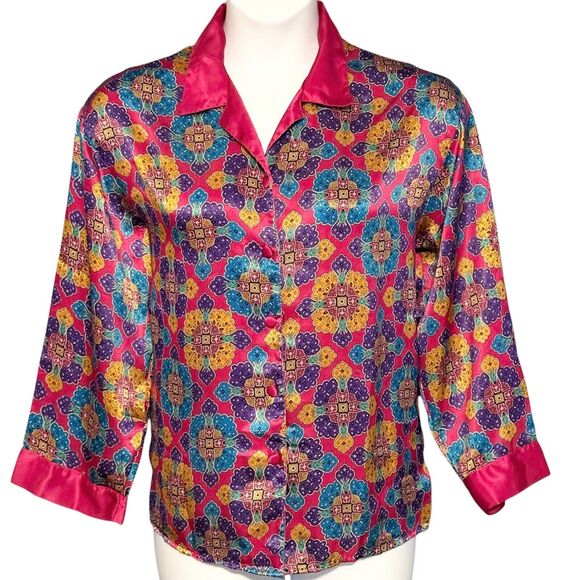 Vintage Delicates Satin Pajama Set Colorful Pink Paisley PJs & Robe Medium 12-14 - Picture 3 of 16
